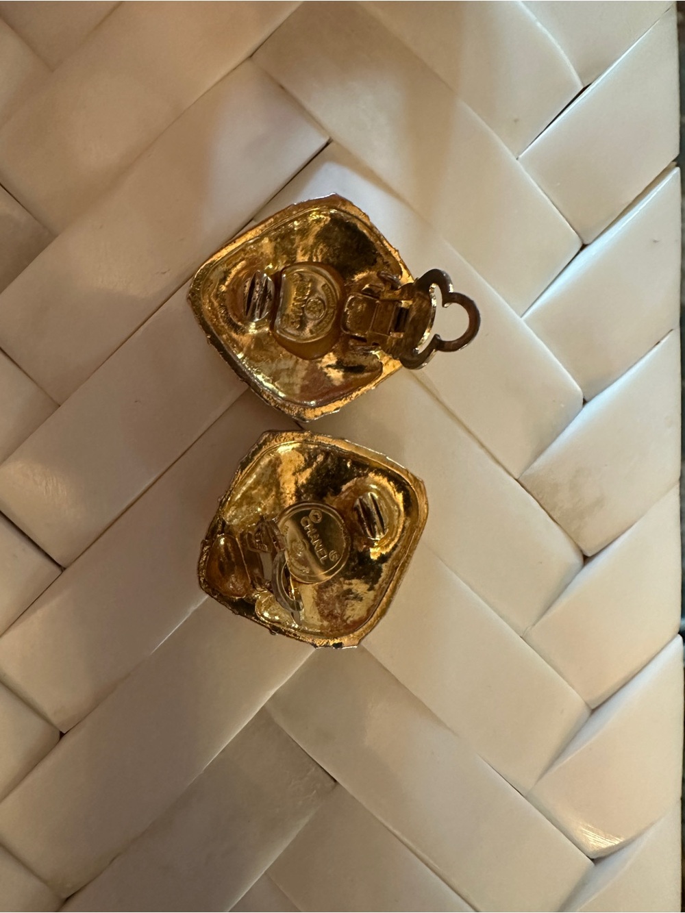 CHANEL Gold Quilted Square Drop Earrings - Textured Statement - Picture 4 of 5